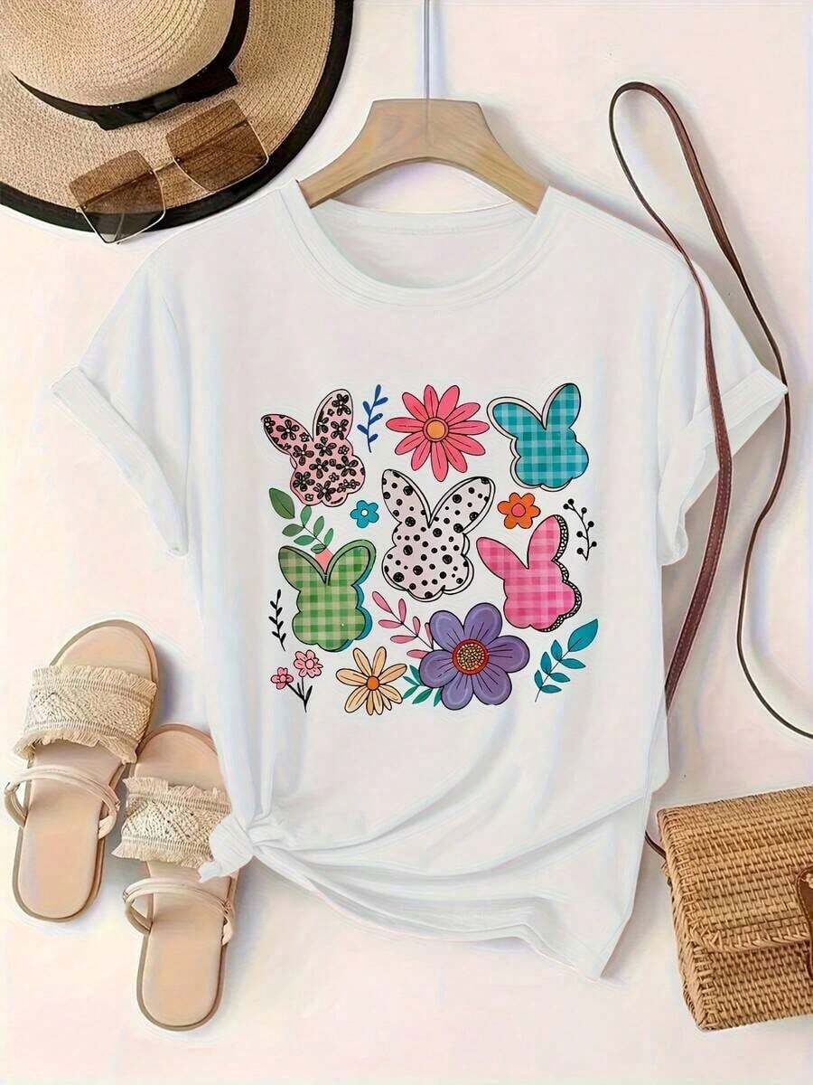 Women's Short-Sleeved T-Shirt In White And Multicolor - Bunny And Flower Print With Plaid, Polka Dot, Heart And Cow Print Design - Casual Spring And Summer Shirt, Ideal For Easter, Machine Washable, Breathable And Comfortable. - 白色 - 查看 1