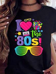 1 Piece "I Love The 80s" T-Shirt For Women, Retro 80s Party Tee With Neon Sunglasses And Cassette Tape Design, Fun Vintage Tee For 80s Theme Parties, Birthdays, Halloween Or Costume Events, 180g 100% Soft Cotton - 黑色 - 查看 7