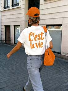Camiseta de manga corta para mujer con estampado frontal y trasero, diseño de letras estilo europeo y americano, cuello redondo, top holgado, sexy, dulce y lindo para verano/primavera, camiseta de diseño sencillo y a la moda, adecuada para citas y cenas, estilo urbano para mujer, camisetas gráficas casuales de manga corta para Pascua, Día de la Madre y Copa Mundial 2026, transpirable y cómoda. - Blanco 6 - Ver 4