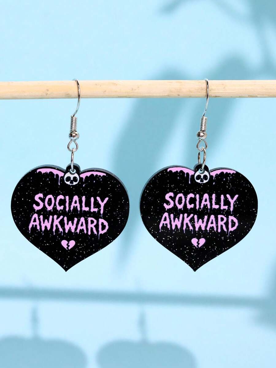1 Pair Elegant Fashionable Unique Shiny Pink Skull & Heart Acrylic Dangle Earrings, Suitable For Daily Wear, Party, Commute, Holiday - Multicolor - View 1
