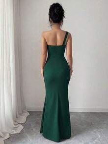 Elenzya Vestido elegante y romántico para mujer con escote asimétrico, cintura ceñida, bajo de cola de pez, decoración de perlas, adecuado para fiestas y reuniones - Verde Oscuro - Ver 2