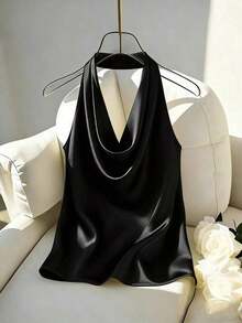 Nueva llegada Primavera/Verano Camiseta ajustada con cuello halter y espalda descubierta para mujer - Negro - Ver 1