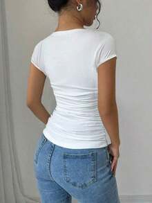 Raffinéa Camiseta ajustado de moda con mangas raglan, cuello en U, cintura fruncida, elástica, blanca, para primavera/verano, para mujeres - Blanco - Ver 2