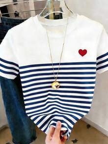 Camiseta de manga corta con cuello redondo y lazo a rayas, de estilo casual para el verano - Multicolor 4 - Ver 6