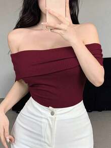 Blusa/Camiseta ajustada de hombros descubiertos con estampado de lunares para mujer - Burdeos - Ver 7