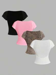4 piezas Camisetas de mujer de cuello redondo, ajustadas, con espalda descubierta y diseño minimalista de patrones, adecuadas para el verano - Multicolor 5 - Ver 12