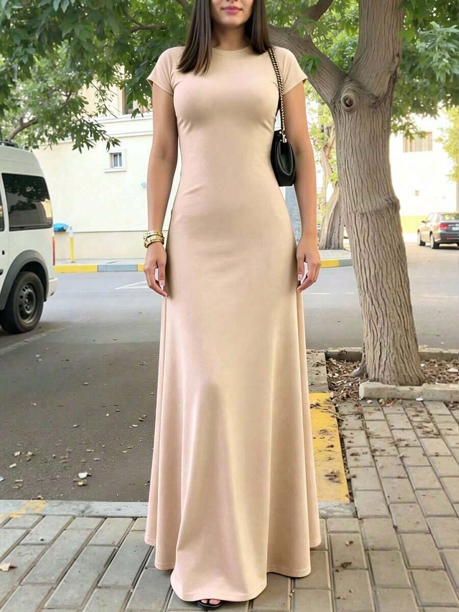 Vestido ajustado de cintura sólido para vacaciones y viajes casuales de verano para mujer - Beis - Ver 1
