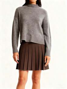 Falda corta plisada de punto de unicolor casual para mujer, adecuada para vacaciones, citas nocturnas, otoño/invierno y primavera - Marrón Mocha - Ver 3