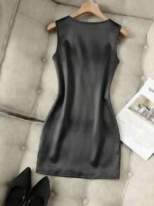 Vestido ajustado con cuello en V sin mangas, cintura fruncida e irregular, vestido de satén para mujer, vestido de primavera/verano para mujer, vestido elegante de fiesta para mujer, atuendo de vacaciones para mujer, atuendo del Día de San - Negro - Ver 2