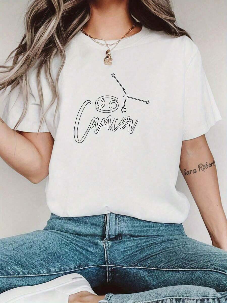 Highly Recommended: Women's White T-Shirt With Scorpio Zodiac Graphic Print - Casual Short-Sleeved Crew Neck T-Shirt, Comfortable For All Seasons, Machine Washable And Dry Cleanable, Stylish Astrology-Themed Clothing, Comfortable Clothing, Zodiac-Themed T-Shirt, Soft Textured Fabric, Easy-Care Fabric, Easy To Match. - 白色 - 查看 1