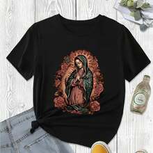 Camiseta Negra Religiosa de la Virgen María para Mujer - Top de Manga Corta con Cuello Redondo, Suave y Elástico, con Estampado Floral, Ropa Católica Modesta, Ajuste Cómodo para Todas las Temporadas, Ideal para Iglesia, Uso Diario y Eventos Religiosos - Negro - Ver 6