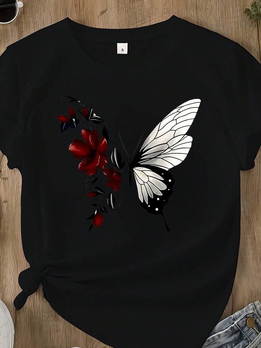 Graphic Print T-Shirt, Short Sleeve Crew Neck Casual Top For Summer And Spring, Women's Clothing - 黑色 - View 1