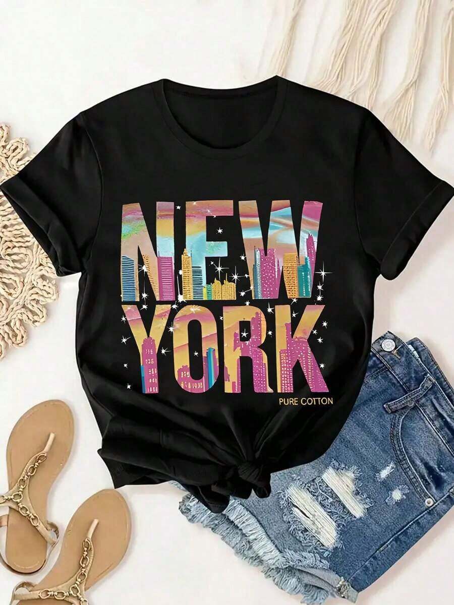 1 pieza de camiseta de mujer con estampado de Nueva York, camiseta de verano para mujer, casual, a la moda, cómoda, suave, deportiva, para fitness, uso diario, al aire libre, transpirable, con cuello redondo y manga corta, 180g, 100% algodón suave. - Negro - Ver 1