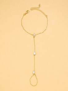 1pc Bohemian Style Diamond-Shaped Crystal Linked Finger Hand Chain, Simple Delicate Chain Bracelet For Daily Wear - Gold - View 6