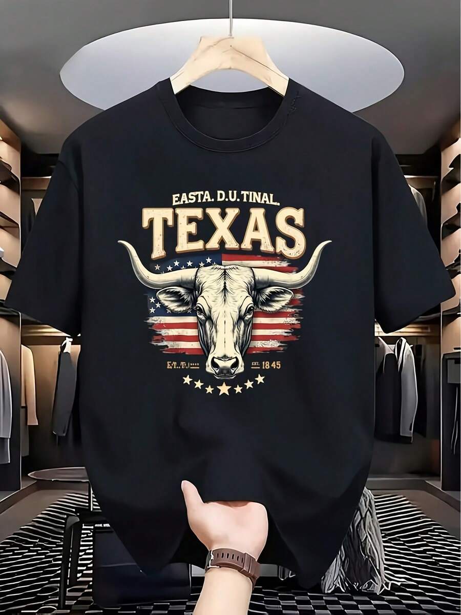 Camiseta de manga corta para hombre Texas, estilo casual, con estampado de la bandera de Texas, cómoda, multifuncional, de cuello redondo, lavable a máquina, transpirable, que absorbe la humedad, para actividades al aire libre. - Negro - Ver 1