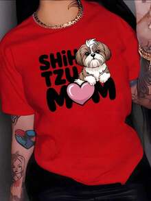 1 Pieza de Moda Casual para Hombres y Mujeres. Imagen de un adorable perro Shih Tzu al lado de un corazón rosa que simboliza el amor y la ternura hacia las mascotas, perfecta para madres que aman a sus perros. Camiseta de mujer 100% algodón. Versátil, fácil de combinar, adecuada para uso diario, estilo urbano, conjuntos de vacaciones, conjuntos de fin de semana. - Rojo - Ver 1