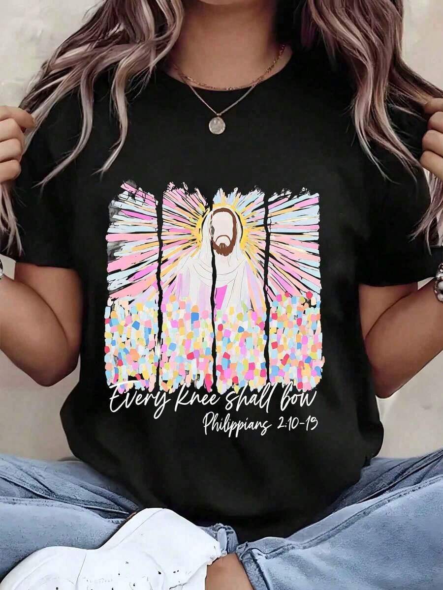 Women's T-Shirt With Jesus Christ Print With Colorful Rays And The Phrase "Every Knee Will Bow, Philippians 21:19", Round Neck, Regular Fit, Casual Wear, Christian Gift "He Has Risen" - Urban Vintage Style, Unisex, Loose Fit, Cotton, Short Sleeve, Round Neck. - 黑色 - 查看 1