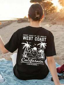 Women's Short-Sleeved Crew Neck T-Shirt, Casual Design, Palm Tree Print With Slogan, Simple And Versatile, Suitable For Everyday Wear. Women's Vacation Style Printed T-Shirt, Summer - 黑色 - 查看 5