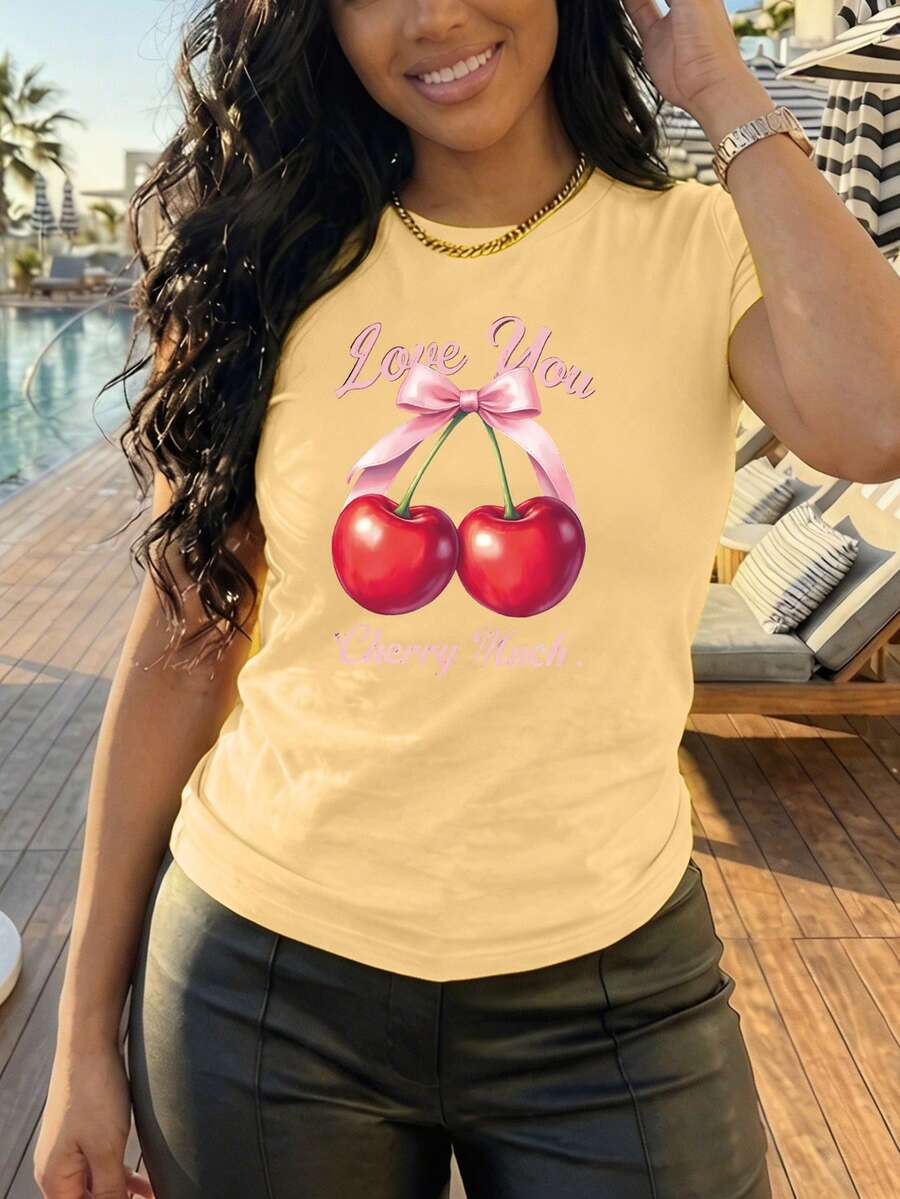 White T-Shirt With Cherries "Love You Cherry Much" Casual Short-Sleeved T-Shirt Cherry Print T-Shirt Cherry Graphic Design With Romantic Phrase Youthful / Sweet / Feminine Style - YH303-黃色 - 查看 1