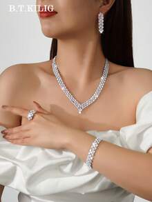 3pcs/5pcs Luxury Cubic Zirconia V-Shaped Jewelry Set Necklace Ring Earrings Bracelet, Suitable For Women Wedding Party Birthday Holiday Gathering - 160949445 - View 1