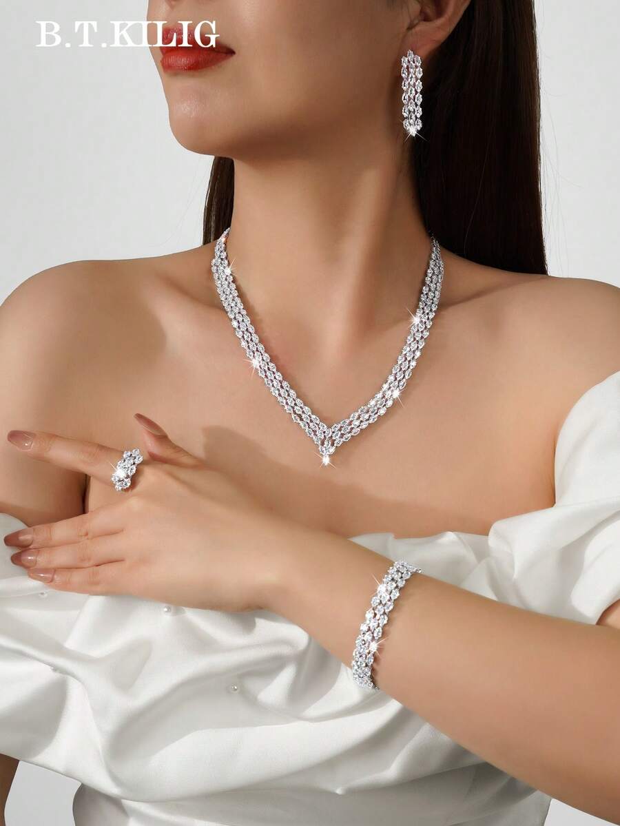 3pcs/5pcs Luxury Cubic Zirconia V-Shaped Jewelry Set Necklace Ring Earrings Bracelet, Suitable For Women Wedding Party Birthday Holiday Gathering - 160949445 - View 1