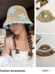 Swim Mod 1pc Rainbow Striped Straw Bucket Hat, Women Outdoor Fishing Cap, Woven Striped Bucket Hat, Large Size - Fixed Fit, Wide Brim Beach Vacation Straw Hat - Multicolor - View 6