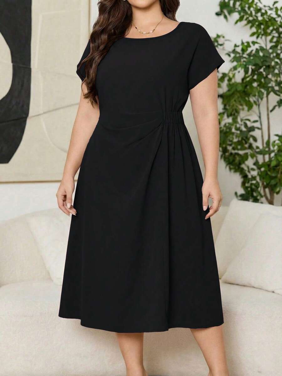 Plus Size Casual Solid Color Twist Knot Ruffle Hem Dress, Suitable For Wedding, Formal Evening Party Elegant - Black - View 1