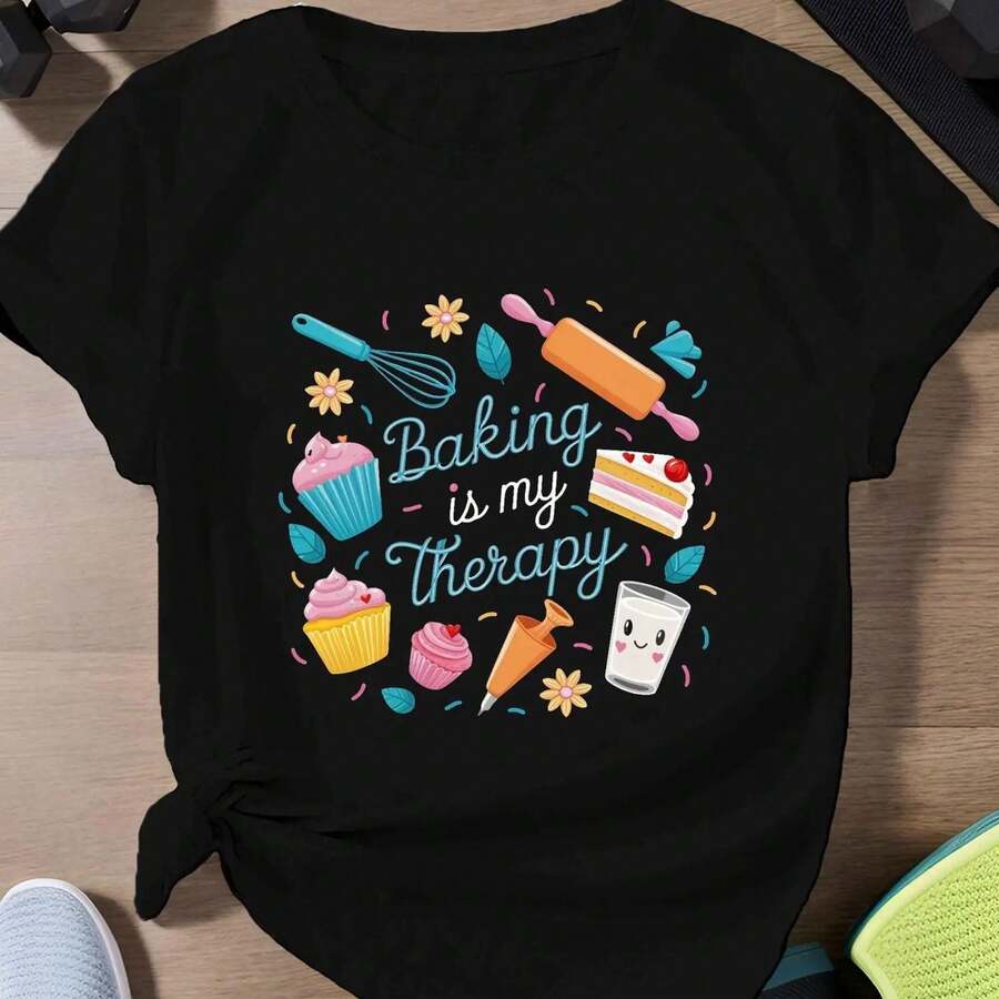 Graphic T-Shirt "Baking Is My Relaxation" for Women - Colorful Cupcake Design, Whisk And Rolling Pin, Round Neck Short Sleeve, Machine Washable, Ideal Gift for Pastry Lovers, Comfortable Fit for All Seasons - Negro - Ver 1