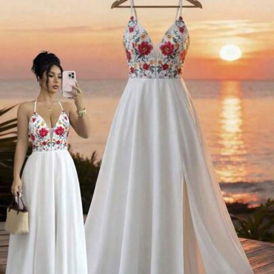 V-Neck Backless Tie-Up Hem Slit Waist Flattering Floral Print Dress, Elegant Casual Vacation Holiday Outfit - Multicolor - Ver 1