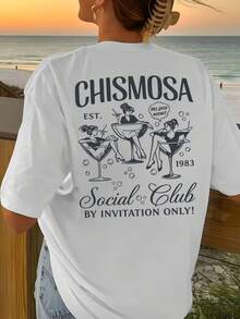 Camiseta de manga corta con diseño sencillo y versátil en la parte delantera y trasera - Estampado de moda estilo vintage para fiestas de cóctel - Camiseta de mujer con estampado moderno para primavera/verano, artículo de moda, adecuada para citas de fin de semana, reuniones y viajes. Camiseta de algodón - Blanco - Ver 3