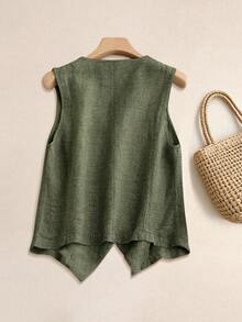 Chaleco de lino casual para mujer, estilo corto para primavera y verano - Verde militar - Ver 2