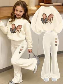 Young Girls Casual Loose Heart Print Sweatshirt Set, Suitable For Autumn/Winter Girls Sports Sweatshirt Set, Young Girls Set For Winter - Apricot - View 1