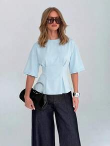 Camiseta de algodón rojo con peplum, de manga corta, cuello redondo, cintura ajustada, casual - Azul - Ver 6