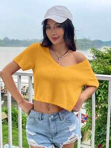 Crop Top de punto de gofre de color rosa intenso para el verano - Amarillo - Ver 6