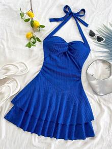 AVestido mini sexy con espalda descubierta, corbata en el cuello, dobladillo fruncido y doble capa, adecuado para fiestas, citas, San Valentín - azul real - Ver 4