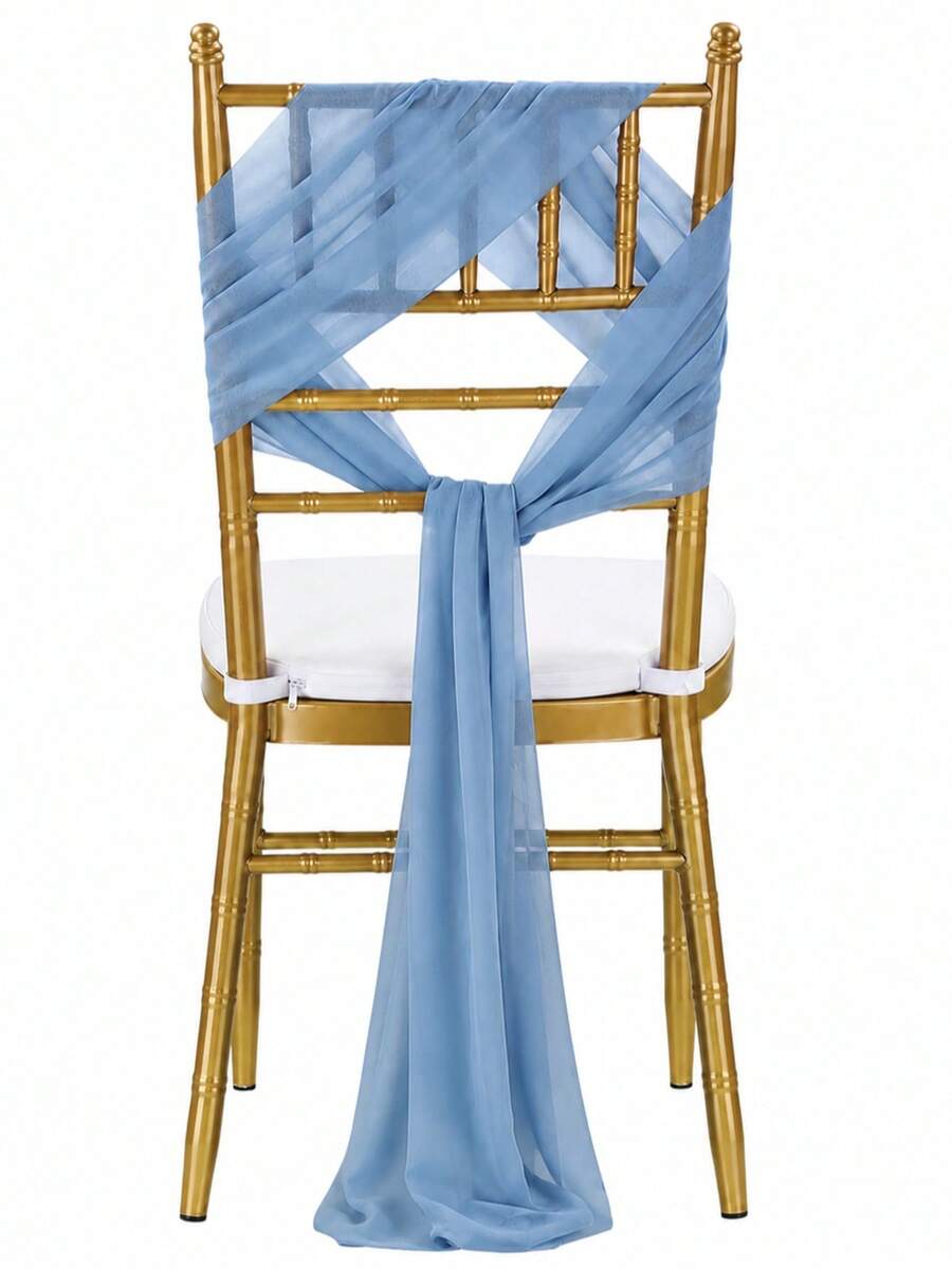 16pcs/32pcs Romantic Pearl Chiffon Chair Bows, Long Satin Ribbons For Wedding Banquet Church Outdoor Decoration (20*275cm) - Dusty Blue - View 1