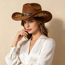 Women Men Embroidery Cowgirl Hat Wide Brim Cattle Head Belted Wool Hat Felt Jazz Cap For Party With Cap Support To Prevent Deformation - 卡其色 - 查看 5