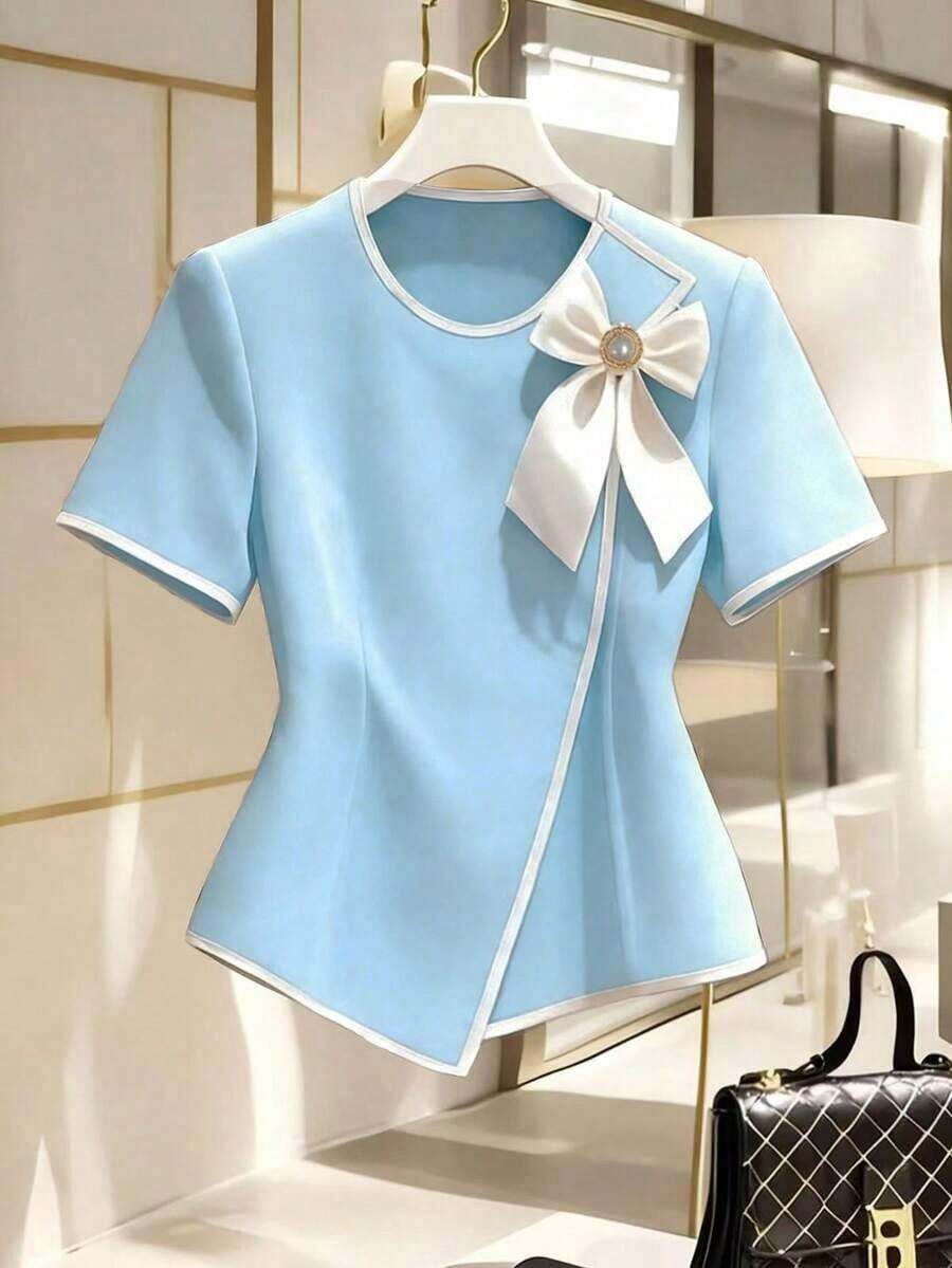 Blusa de mujer elegante de manga corta con estampado, top casual y versátil - Azul - Ver 1