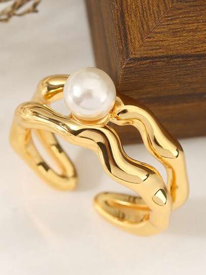 1PC Adjustable Open Ring, Vintage Gold Plated Statement Ring With Colorful Stones, Red Resin, Moonstone & Pearl, Minimalist & Boho Stackable Jewelry For Women