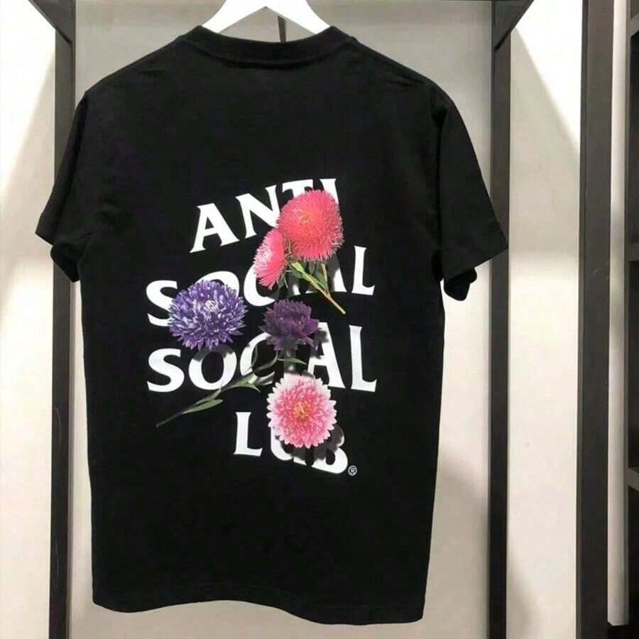1pc Camiseta informal de algodón con cuello redondo para mujer Camiseta deportiva para mujer Camiseta para hombre Camisetas para parejas Regalo de San Valentín Regalo de cumpleaños Regalo de Navidad Camiseta unisex Apta para todas las estaciones,Con el motivo Anti Social Club - Negro - Ver 1