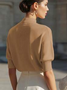 Women's V-Neck Solid Color Dropped Shoulder Short Sleeve Loose Casual Knit Top, Minimalist Elegant French Style, Refined Daily Essential Summer - Khaki - View 3