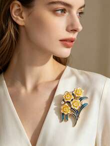 1 pieza Broche de esmalte con narciso, broche floral con decoración de perla vintage, elegante alfiler de solapa para mujer, accesorio de traje/bufanda/abrigo, elegante alfiler de corsage para fiesta/oficina - Multicolor - Ver 3