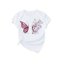 Camiseta de punto de manga corta para mujer con estampado floral y mariposas, estilo casual y elegante, de largo regular. - Blanco - Ver 1