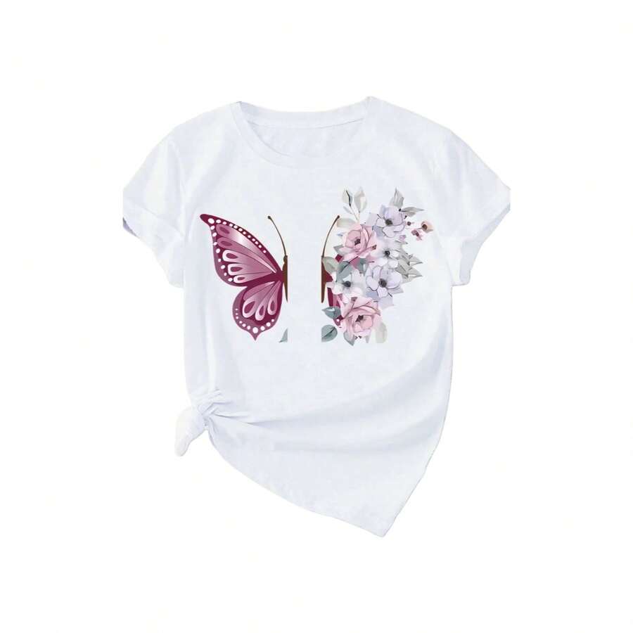 Camiseta de punto de manga corta para mujer con estampado floral y mariposas, estilo casual y elegante, de largo regular. - Blanco - Ver 1
