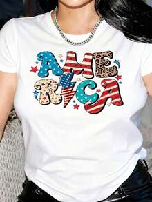 Camiseta de Mujer con Estampado de Bandera Americana, Estrellas y Rayas, Estampado de Leopardo, Cuello Redondo, Manga Corta, Casual, Adecuada para Uso Diario al Aire Libre, Perfecta para Todas las Temporadas. - Blanco - Ver 1