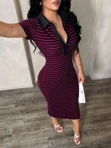 Vestido polo de manga corta a rayas blanco y negro de estilo minimalista y casual para ir al trabajo, vestido de punto de media longitud con ajuste ceñido y gran elasticidad, vestido elegante francés - Multicolor - Ver 3