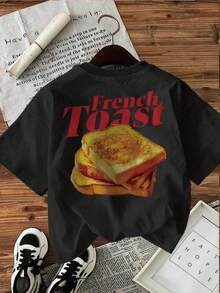 [Double-Sided Print] Women's Spring Summer Casual Tops, Retro "Toast" Print, French Toast, Round Neck, Pure Cotton Short Sleeve T-Shirt [Ling], Summer T-Shirt - Black - View 3