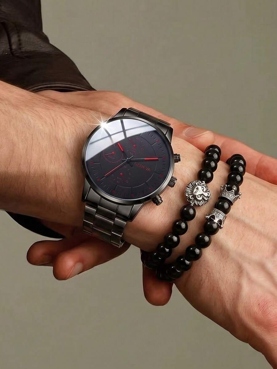 Bộ phụ kiện nam màu đen 3 món, bao gồm đồng hồ bấm giờ, vòng tay đính hạt hình vương miện và đầu sư tử, đồng hồ đeo tay thạch anh kiểu dáng thường ngày. - màu đen - Xem 1