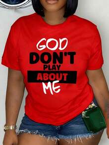 Camiseta de manga corta con estampado de letras "Faith & GOD BONT'T PLAY ABOUT ME" + Camiseta casual de manga corta para primavera/verano + Ropa de mujer informal - Rojo - Ver 7