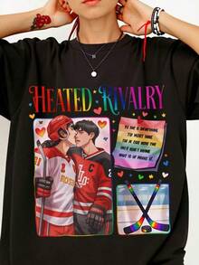 Grafiska T-shirts, Uppvärmd Rivalri-T-shirt för Par, Hollander Rozanov Hockey Romance, Queer Love Fan Tee, Vintage-stil, Rund Hals, 100% Bomull, 1 st, 180g, Kortärmad T-shirt med Grafiskt Tryck för Män, Perfekt för Utekvällar, Vänner, Emo - Svart - Visa 7